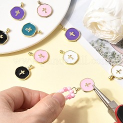 10本5色真鍮エナメルペンダント  ライトゴールド  クロスチャームフラットラウンド  ミックスカラー  18x13.5x3.5mm  穴：2x3.5mm  2個/カラー&nbsp;KK-SZ0007-90