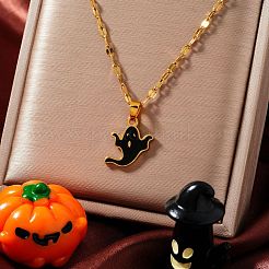 ハロウィン 304ステンレススチール エナメルペンダントネックレス  ユニセックスの金メッキダップチェーン付き  ゴースト  ブラック  15.75インチ（40cm）&nbsp;VV4632