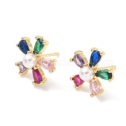 Цветок латунь кубического циркония серьги стержня&nbsp;EJEW-P336-06G-01