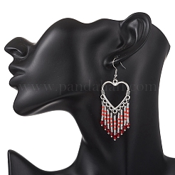Серьги-люстры в форме полого сердца из сплава и стеклянных бисеринок с кисточками&nbsp;EJEW-MZ00685-02