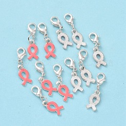 10月の乳がん啓発リボン合金エナメルペンダント  とカニカン付き  銀色のメッキ  サイズ：約28mm長  穴：3mm  タイ：7.5 mm幅  長さ15mm  2 mm厚。&nbsp;ENAM-H049-1