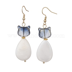 Серьги-подвески в форме кошки из натуральной пресноводной ракушки и стекла с каплевидными подвесками&nbsp;EJEW-JE06833