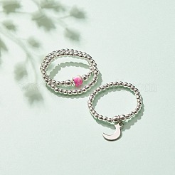 3 Stück 3 Stil natürliche weiße Jade & synthetischer Hämatit Perlen Stretchringe Set mit Halbmond-Anhänger&nbsp;RJEW-JR00469