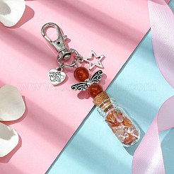 ペンダントの装飾の内側に天然カーネリアンが付いたガラス製ウィッシングボトル  スター＆ハートのチベットスタイル合金と回転カニカンチャーム  86mm  ペンダント：58x21.5x13mm&nbsp;HJEW-JM01741-04