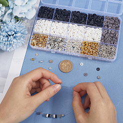 DIYジュエリー作りパーツキット  ポリマー粘土ビーズを含む  真鍮ビーズ  CCBプラスチックビーズ  ブラック  6x1mm  穴：2mm  2色  800個/カラー  1600pc&nbsp;DIY-SP0001-72A
