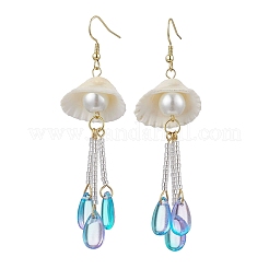 Серьги-подвески из стекла и натуральных ракушек EJEW-MZ00384