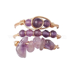 3 anello con perline di ametista naturale&nbsp;RJEW-JR00855-02