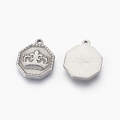 変色しない304ステンレススチールペンダント  クラウンと八角形  ステンレス鋼色  18x15x3mm  穴：1.4mm&nbsp;STAS-E444-14