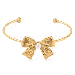 Браслеты-манжеты с открытым креплением из нержавеющей стали 304 с жемчужинами-ракушками и бантом для женщин BJEW-Z070-03G