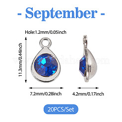 ファセットガラスチャーム20個  プラチナメッキ合金パーツ  ティアドロップ  9月の誕生石チャーム  サファイア  11.3x7.2x4.2mm  穴：1.2mm&nbsp;RGLA-TADJ0001-01I