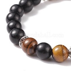 Occhio di tigre naturale e braccialetto elasticizzato con perline rotonde in legno con testa di buddha in lega&nbsp;BJEW-JB08402
