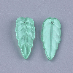 透明スプレー塗装ガラスペンダント  葉  ミディアムアクアマリン  23x10x4~4.5mm  穴：1.2mm&nbsp;GLAA-S183-19B