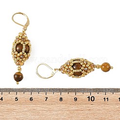 天然タイガーアイのバックピアス（女性用）  オーバル  ガラスの種付き  女性用304ステンレススチールフレンチフックピアス  18KGP本金メッキ  54x13.5mm&nbsp;EJEW-MZ00785-03