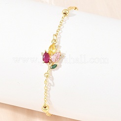 Bracciali da donna in ottone con maglie a forma di fiore e pavé di zirconi cubici colorati.&nbsp;KK-CBA68DA-04G