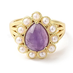 Anello regolabile a goccia con pietra preziosa mista naturale placcata ionica (ip) con perline di plastica&nbsp;RJEW-E075-01G