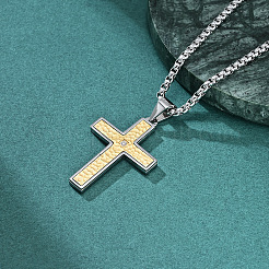 Colliers pendentifs croix religieuse martelée en acier inoxydable 304 sertis de zirconiums cubiques transparents pour hommes&nbsp;WG86616-01