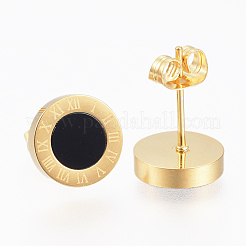 304ステンレススチールスタッドピアス  シェルと  フラットラウンドい彫刻されたローマ数字  ミックスカラー  10x2.5mm  ピン：0.8mm&nbsp;EJEW-H349-07-M