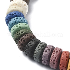 Рондель из окрашенного натурального лавового камня и круглый деревянный эластичный браслет из бисера BJEW-JB09679