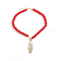 Sommerliche Strand-Halskette im Boho-Stil mit Fischanhänger aus einer Legierung und runden Harzperlen für Damen&nbsp;WG6850D-01