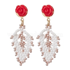 Boucles d'oreilles roses avec perles de rocaille en forme de feuille&nbsp;EJEW-MZ00222