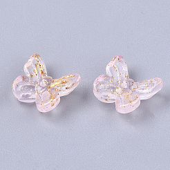 透明スプレー塗装ガラスチャーム  金色の箔付き  蝶  ピンク  10x11x3mm  穴：1.2mm&nbsp;GLAA-N035-08A-B01