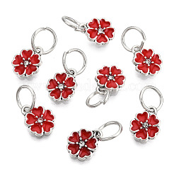 エナメル風の花の合金ラインストーンチャーム  鉄パーツ  アンティークシルバー  レッド  13.5x11x3mm  穴：6mm&nbsp;ENAM-S085-03