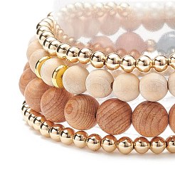 4 Uds. 4 pulseras elásticas de madera natural y cuarzo (teñidas) y perlas de concha&nbsp;BJEW-JB08822