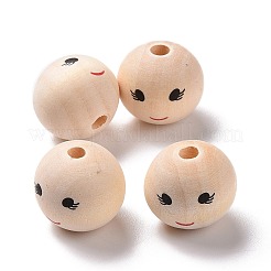 プリントウッドヨーロピアンビーズ  笑顔模様大穴丸ビーズ  染色されていない  ビスク  20x17.5mm  穴：4.7mm  約217個/500g&nbsp;WOOD-C001-03A-05