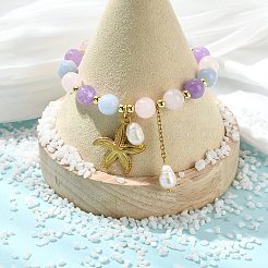 天然アクアマリン、ローズクォーツ、アメジストの丸ビーズを使用したストレッチブレスレット  304ステンレススチールと天然パールのチャームブレスレット  ゴールドカラー  ヒトデ  内径：2.38インチ（6.05cm）&nbsp;BJEW-JB14145-01