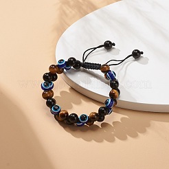 Natürliches Tigerauge & augenloser Obsidian & geflochtenes Perlenarmband aus bösem Auge aus Harz&nbsp;BJEW-JB08840-02