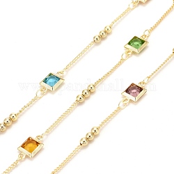 3.28 Feet Golden Brass Curb Chain, with Glass Beads, Long-Lasting Plated, Soldered, Colorful, Square: 11.5x6.5x3mm