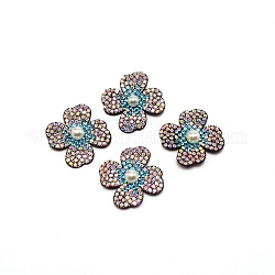 PU Leather Costume Accessories, with Resin Rhinstone, Applique Patch, Sewing Craft Decoration, Flower, Turquoise, 31~32.5x27~28x8mm
