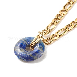 Collar con colgante de donut de lapislázuli natural, collar de piedras preciosas con 304 cadena figaro de acero inoxidable para mujer, dorado, 15.87 pulgada (40.3 cm)