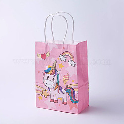 kraft Paper Bags, with Handles, Gift Bags, Shopping Bags, Rectangle, Horse Pattern, Pink, 27x21x10cm
