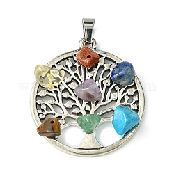 Ciondoli di pietre preziose chakra, ciondoli albero della vita con accessori in lega placcata argento antico, 38.5x34x7mm, Foro: 7x4.5 mm