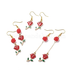 3 paires de breloques en alliage d'émail rouge de style 3 et boucles d'oreilles pendantes en perles de rose, bijoux en laiton thème saint valentin pour femme, or, motif rose, 40~79mm, pin: 0.5 mm