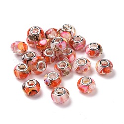 Perline rondelle europee in resina trasparente, perline con foro grande, con cuore in pasta polimerica e doppie anime in lega color platino, rosso, 14x8.5mm, Foro: 5 mm
