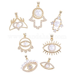 7Pcs 7 Styles Rack Plating Brass Micro Pave Clear Cubic Zirconia Charms, with Acrylic Bead, Long-Lasting Plated, Cadmium Free & Lead Free, Mixed Shapes, Real 18K Gold Plated, 13.5~26.5x18~27.5x6~10mm, Hole: 4x3mm, 1pc/style
