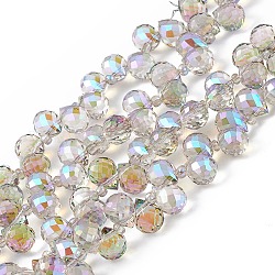 Transparentes perles de verre de galvanoplastie brins, facette, larme percée en haut, demi arc-en-ciel plaqué, lilas, 10x7.5~8mm, Trou: 0.8~1mm, Environ 95~100 pcs/chapelet, 23.23~26.77 (59~68 cm)