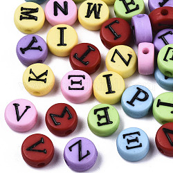Opaque Acrylic Beads, with Enamel, Flat Round with Mixed Russian Alphabet, Mixed Color, 7x4mm, Hole: 1.5mm, about 3650pcs/500g