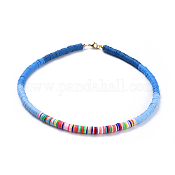Colliers de perles heishi en pâte polymère faites main, avec intercalaires perles en laiton et accessoires en 304 acier inoxydable, bleu, 15.9~16.1 pouce (40.5~41 cm)