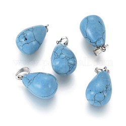 Synthetic Turquoise Pendants, with Platinum Tone Brass Findings, Drop, 24~24.5x14mm, Hole: 5x7mm