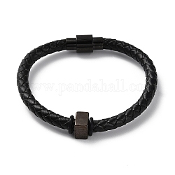 Bracelet cordon rond tressé cuir, avec 304 fermoirs magnétiques et perles en acier inoxydable pour hommes femmes, noir, 8-1/4 pouce (20.8 cm)