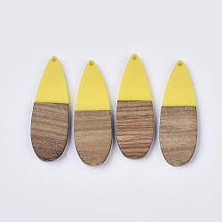 Grands pendentifs en résine et bois de noyer, larme, jaune, 57x19x3~4mm, Trou: 2mm