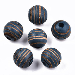 Perle di legno naturale verniciate, motivo inciso al laser, tondo con zebrato, Blue Marine, 15.5~16.5x15mm, Foro: 4 mm