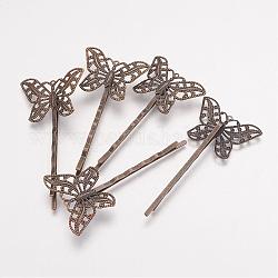 Brass Hair Bobby Pin Findings, Butterfly, Antique Bronze, 2x55x2mm, Tray: 30x22x1mm