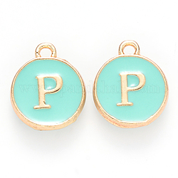 Golden Plated Alloy Enamel Charms, Cadmium Free & Lead Free, Enamelled Sequins, Flat Round with Letter, Turquoise, Letter.P, 14x12x2mm, Hole: 1.5mm