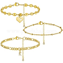 Anklets Sets, with Brass Micro Pave Cubic Zirconia Charms, 304 Stainless Steel Chain Extender & Figaro Chains & Pendant  & Lobster Claw Clasps & Cable Chains & Coffee Bean Chains, Letter.K, 8.5x6x1.5mm, 8-1/2 inch(21.5cm), 3pcs/set