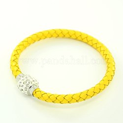 Braided Leather Cord Bracelet Makings, with Polymer Clay Rhinestone Beads and Brass Magnetic Clasps, Platinum Metal Color, Yellow, 210mm
