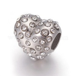 304 Edelstahl-europäischen Stil Perlen, Großloch perlen, mit Strass, Herz, Edelstahl Farbe, Kristall, 10.5x11x8 mm, Bohrung: 4.5 mm